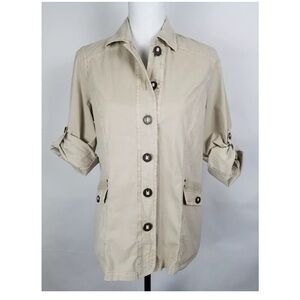 Fresh Produce Light Weight Tan Jacket Button Down Roll up Sleeves small